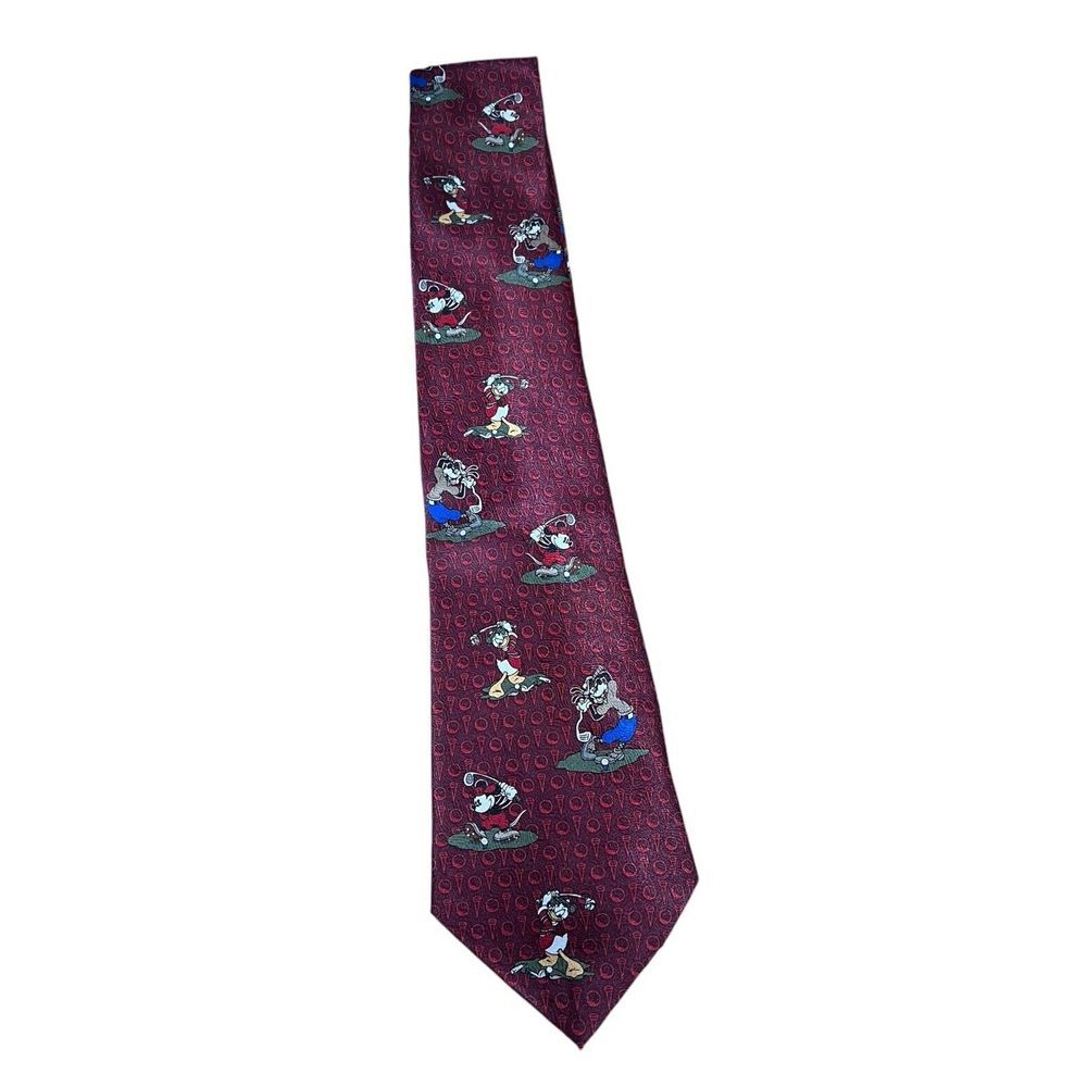 Disney Mickey Unlimited Tie Burgundy Mickey Mouse‎ Goofy Donald Golf Balls Tees